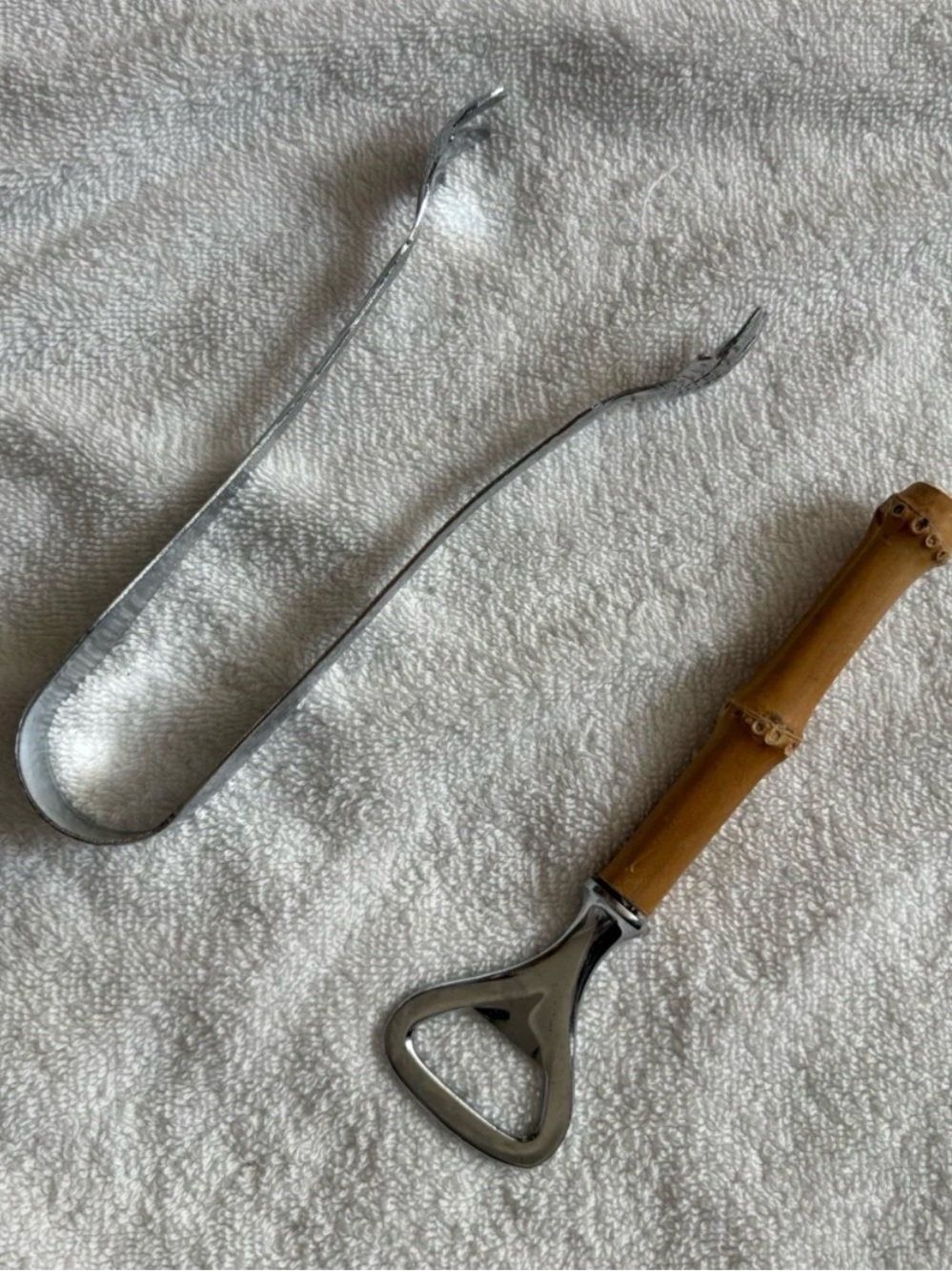 Vintage - Bamboo Handle Bottle Opener with Stainless Ice Tongs